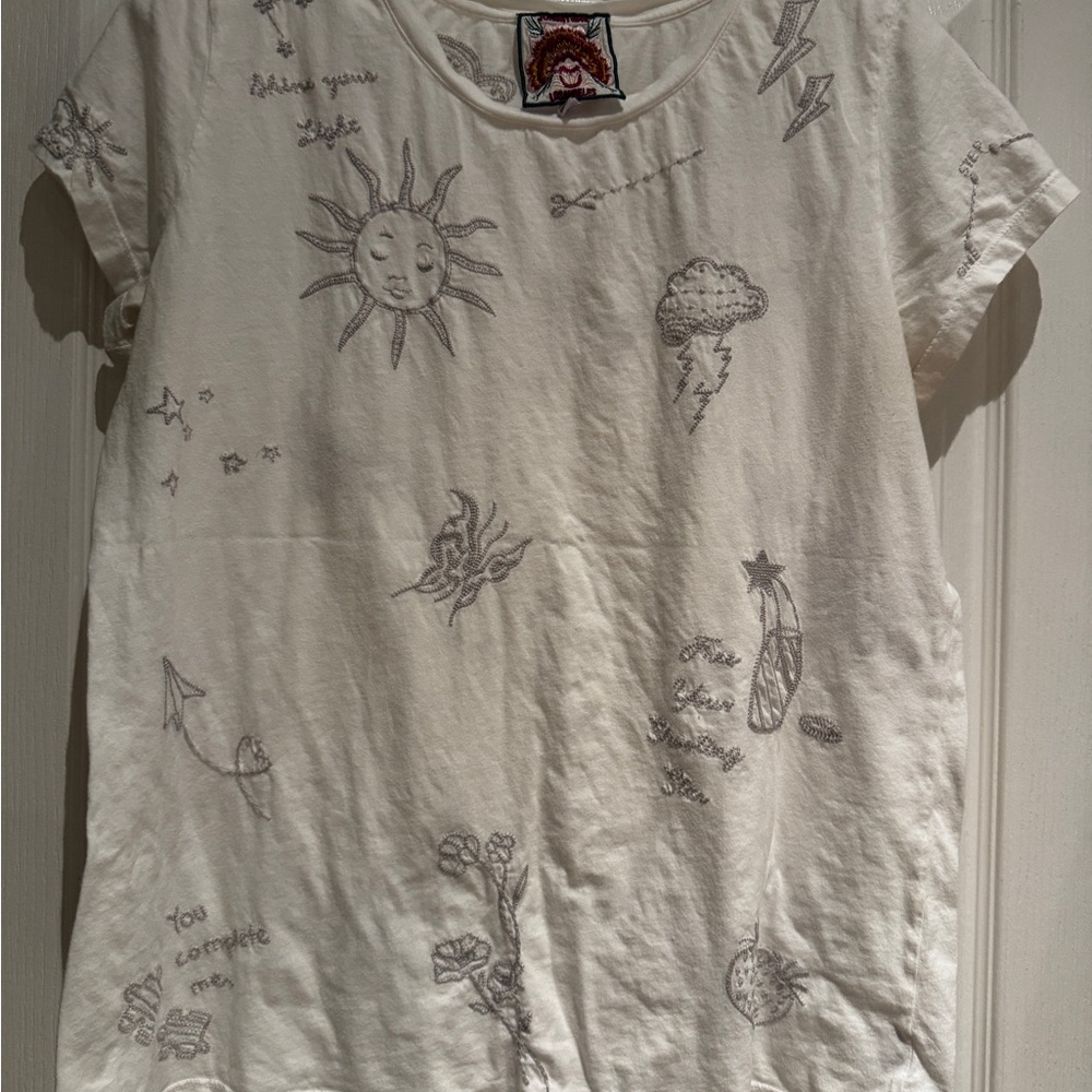 Johnny Was White Celestial Short Sleeve Tee